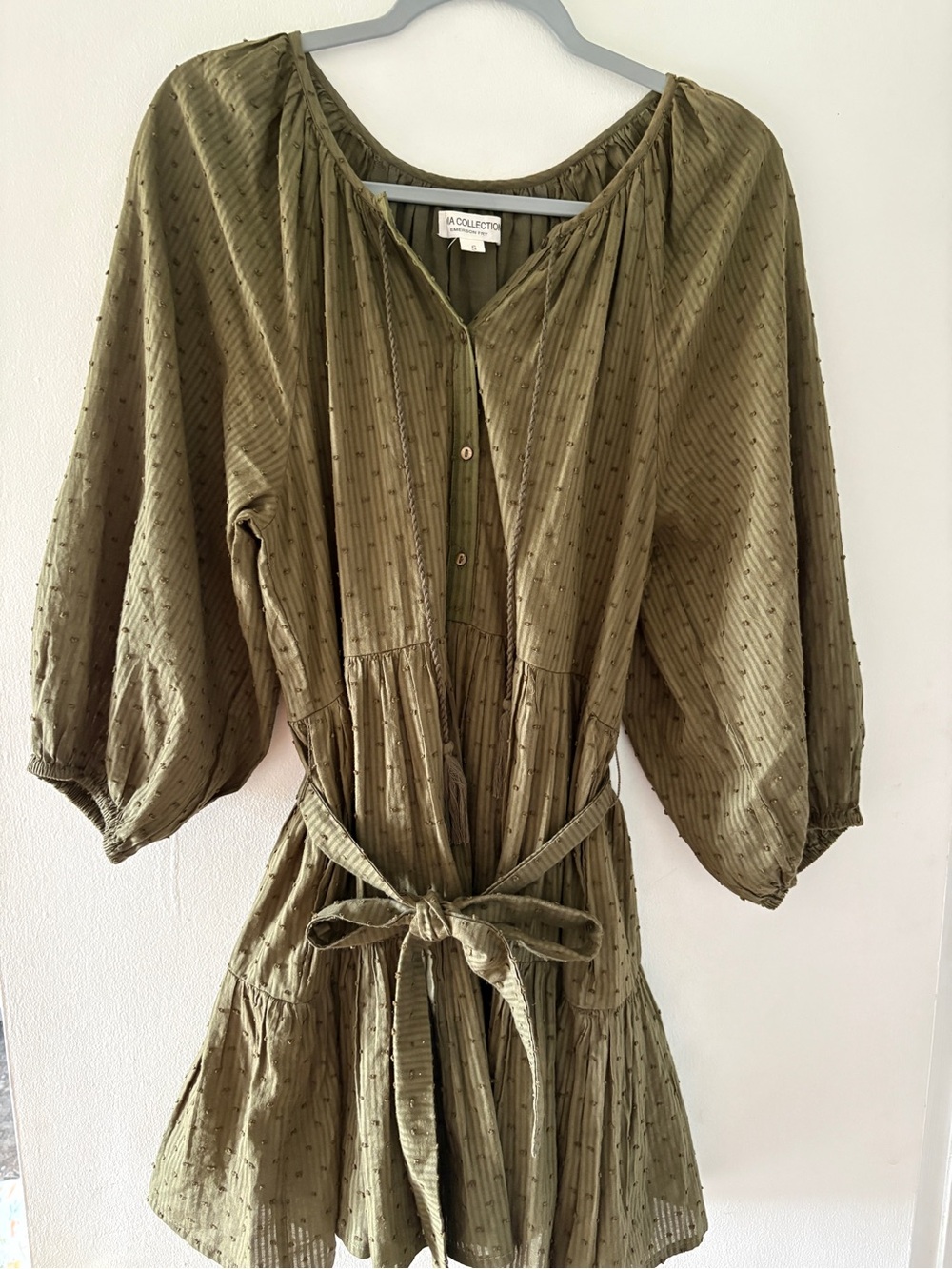 Emerson Fry India Collection Textured Tie-Waist Mini Dress, Olive Green, S